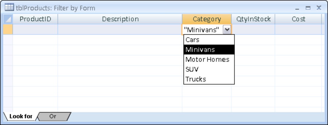 Using Filter by Form lets you set multiple conditions for filtering at one time. Notice the Or tab at the bottom of the window.